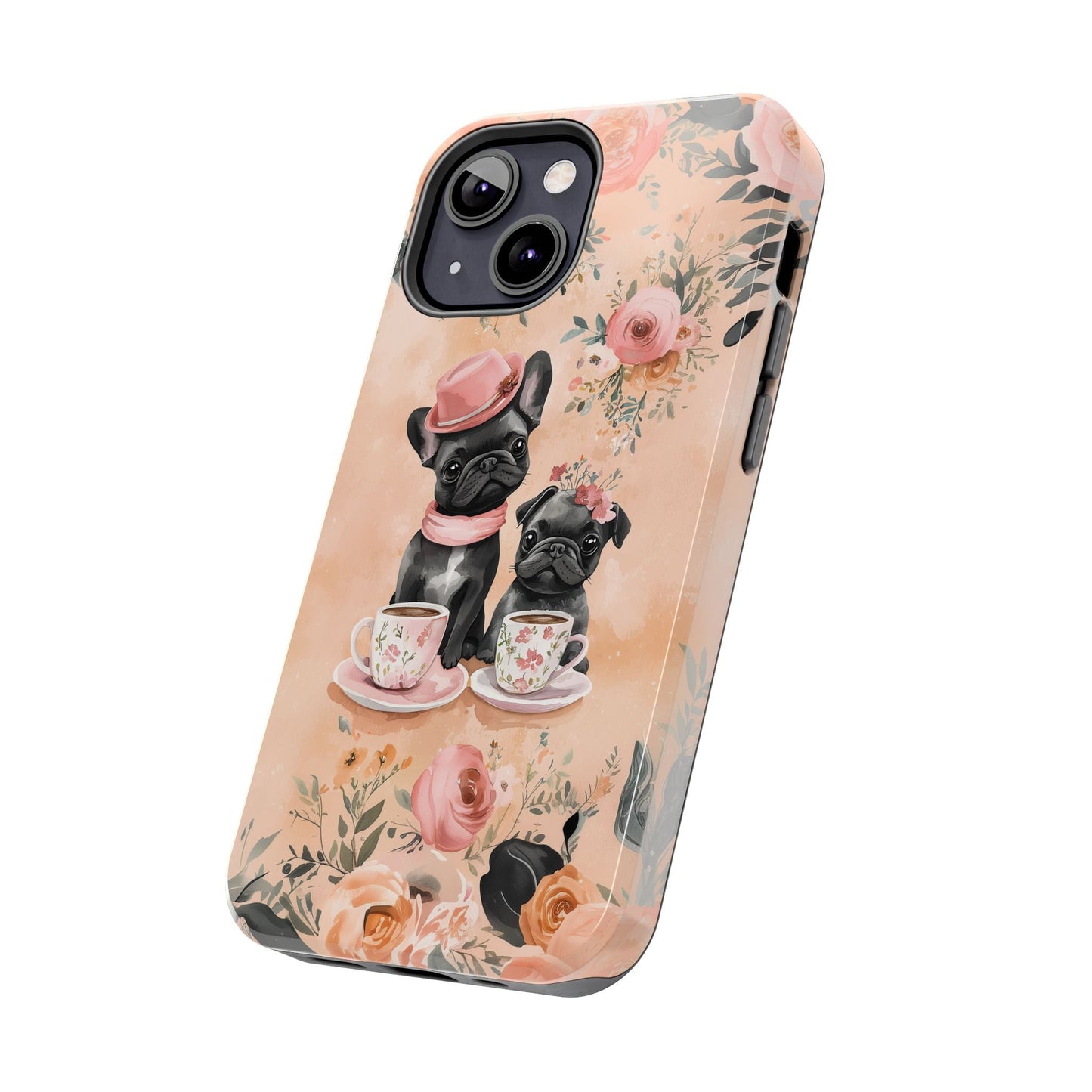 Floral French Bulldogs iPhone Case – Elegant Dog Design with Tea Cups & Roses, Shockproof Protection - BOGO Cases