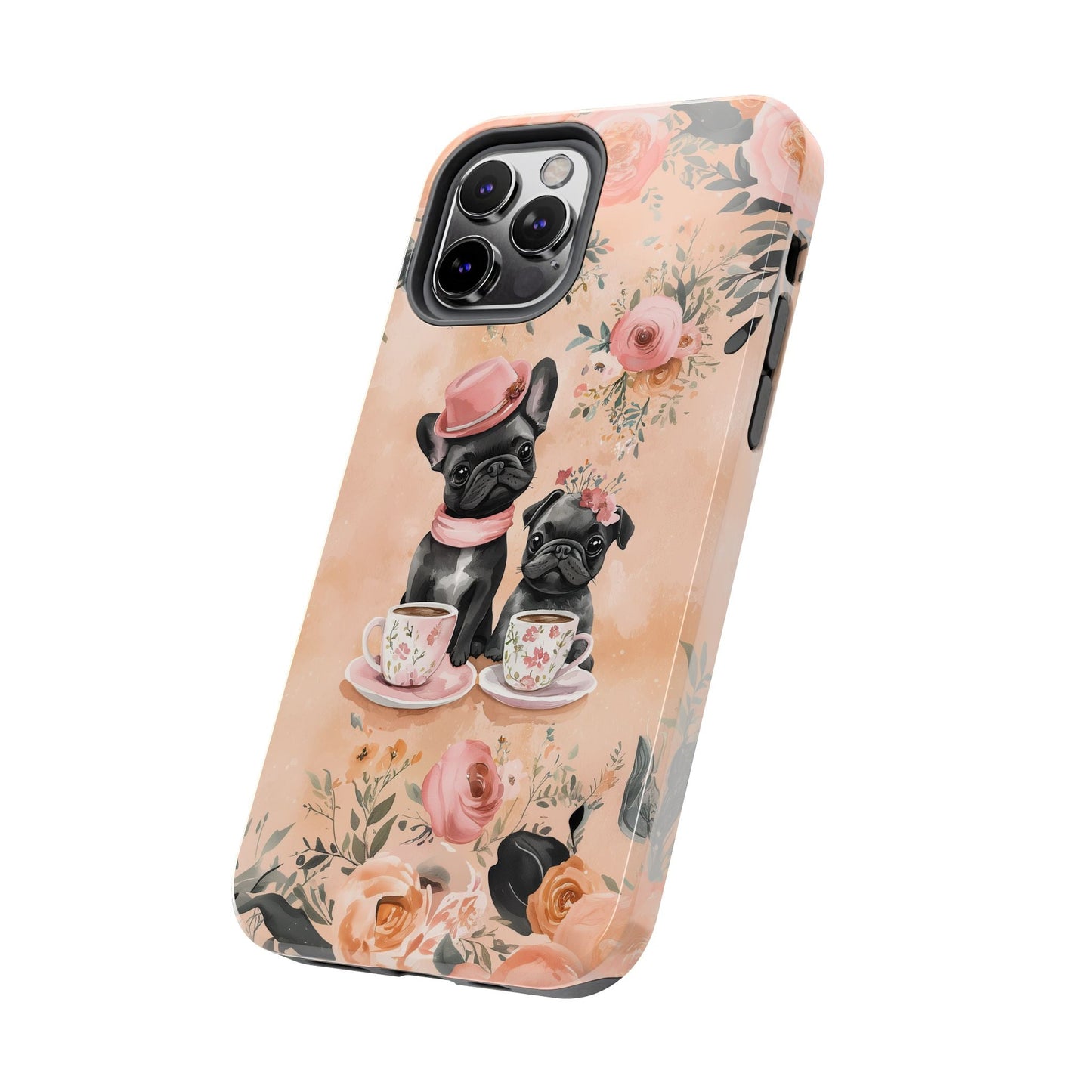 Floral French Bulldogs iPhone Case – Elegant Dog Design with Tea Cups & Roses, Shockproof Protection - BOGO Cases