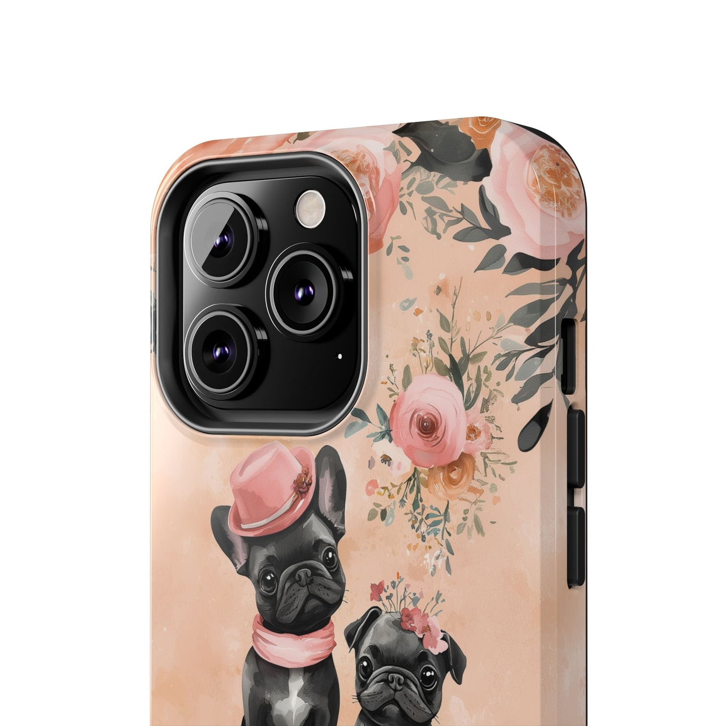 Floral French Bulldogs iPhone Case – Elegant Dog Design with Tea Cups & Roses, Shockproof Protection - BOGO Cases