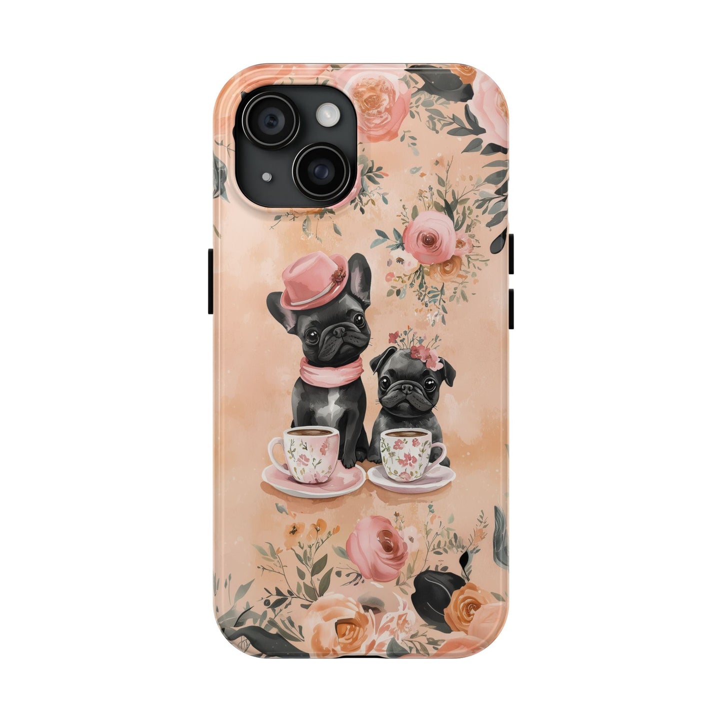 Floral French Bulldogs iPhone Case – Elegant Dog Design with Tea Cups & Roses, Shockproof Protection - BOGO Cases