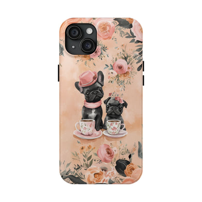 Floral French Bulldogs iPhone Case – Elegant Dog Design with Tea Cups & Roses, Shockproof Protection - BOGO Cases