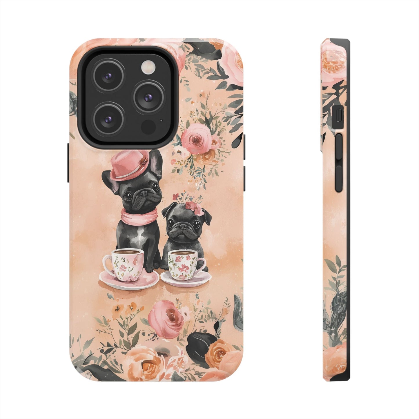 Floral French Bulldogs iPhone Case – Elegant Dog Design with Tea Cups & Roses, Shockproof Protection - BOGO Cases