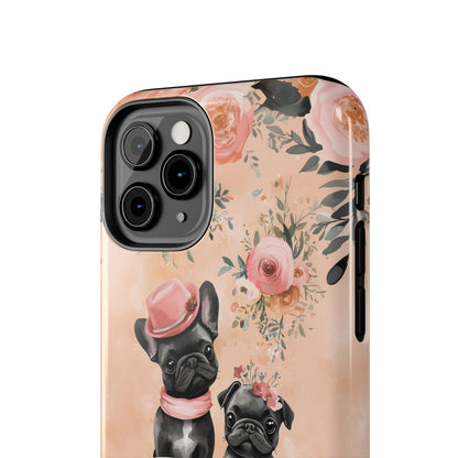 Floral French Bulldogs iPhone Case – Elegant Dog Design with Tea Cups & Roses, Shockproof Protection - BOGO Cases