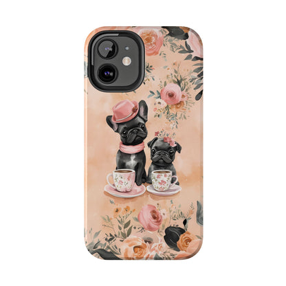 Floral French Bulldogs iPhone Case – Elegant Dog Design with Tea Cups & Roses, Shockproof Protection - BOGO Cases