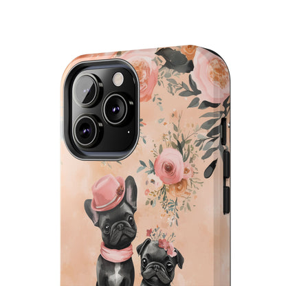 Floral French Bulldogs iPhone Case – Elegant Dog Design with Tea Cups & Roses, Shockproof Protection - BOGO Cases