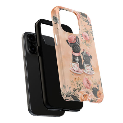 Floral French Bulldogs iPhone Case – Elegant Dog Design with Tea Cups & Roses, Shockproof Protection - BOGO Cases