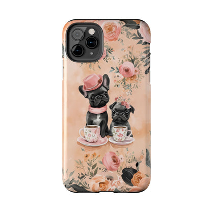 Floral French Bulldogs iPhone Case – Elegant Dog Design with Tea Cups & Roses, Shockproof Protection - BOGO Cases