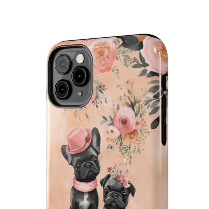 Floral French Bulldogs iPhone Case – Elegant Dog Design with Tea Cups & Roses, Shockproof Protection - BOGO Cases