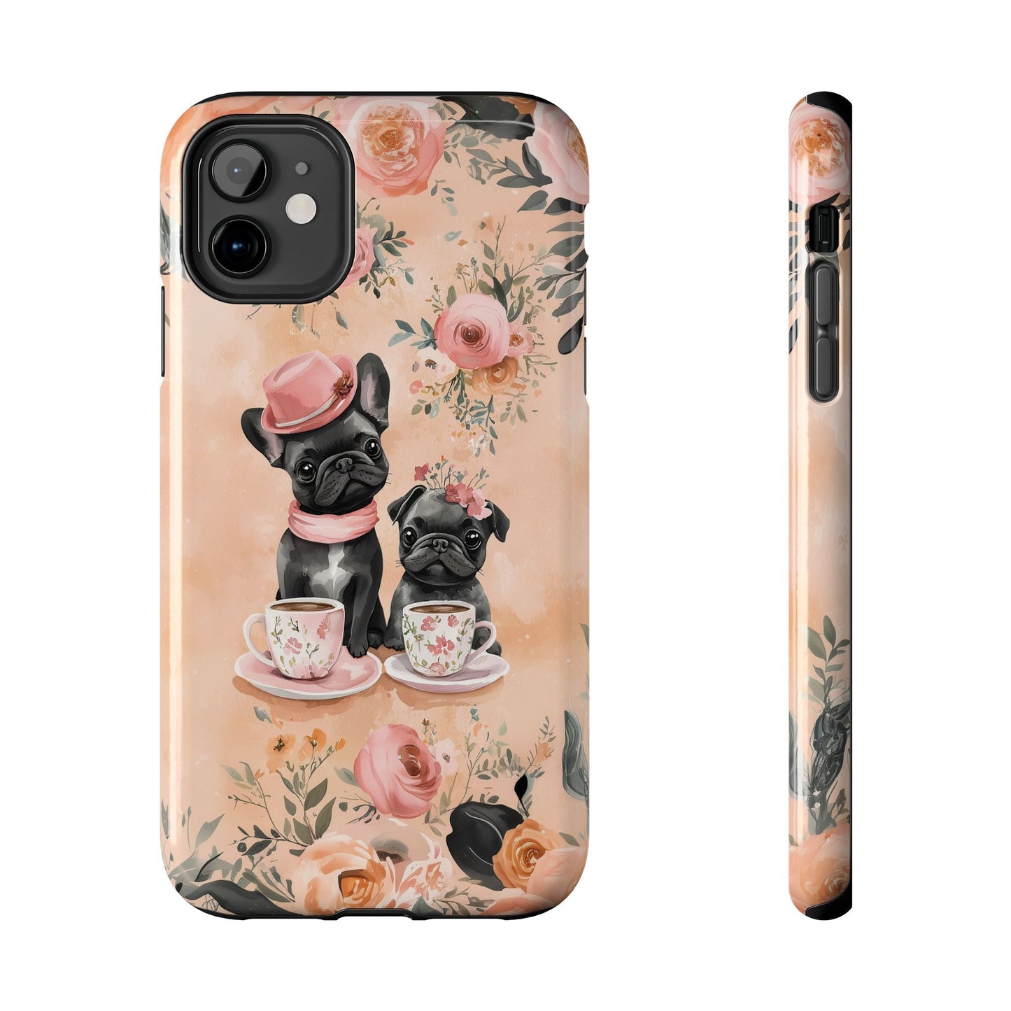 Floral French Bulldogs iPhone Case – Elegant Dog Design with Tea Cups & Roses, Shockproof Protection - BOGO Cases