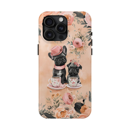 Floral French Bulldogs iPhone Case – Elegant Dog Design with Tea Cups & Roses, Shockproof Protection - BOGO Cases