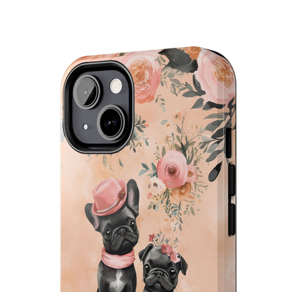 Floral French Bulldogs iPhone Case – Elegant Dog Design with Tea Cups & Roses, Shockproof Protection - BOGO Cases