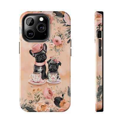 Floral French Bulldogs iPhone Case – Elegant Dog Design with Tea Cups & Roses, Shockproof Protection - BOGO Cases