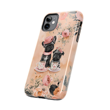 Floral French Bulldogs iPhone Case – Elegant Dog Design with Tea Cups & Roses, Shockproof Protection - BOGO Cases