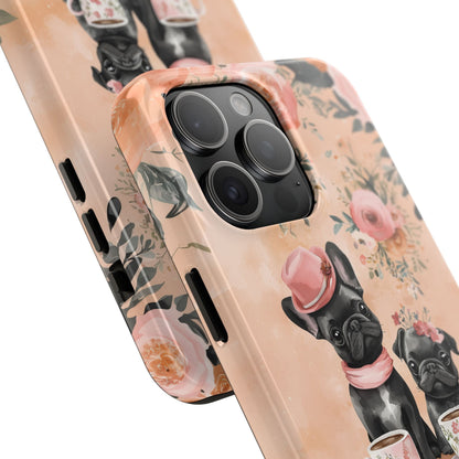 Floral French Bulldogs iPhone Case – Elegant Dog Design with Tea Cups & Roses, Shockproof Protection - BOGO Cases