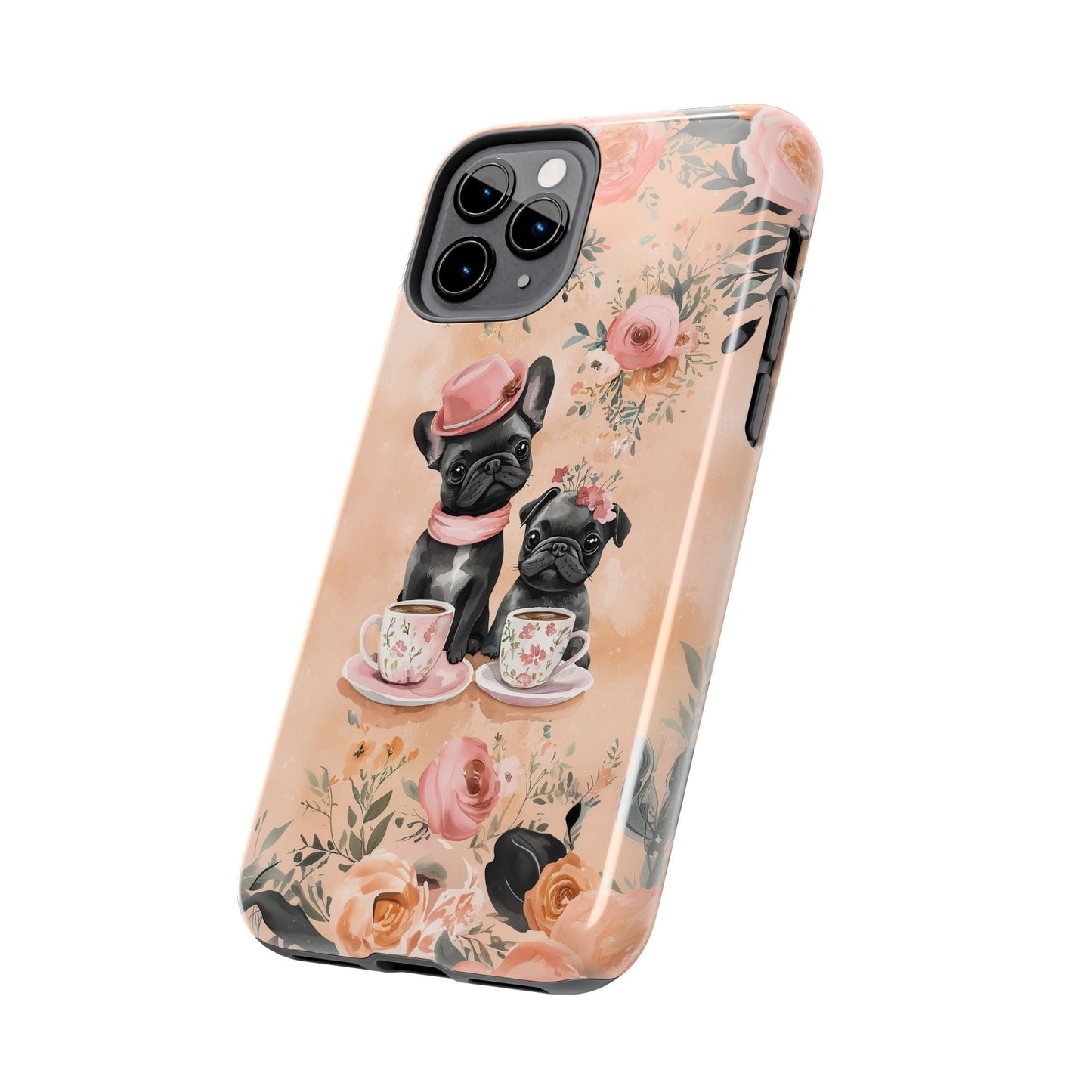 Floral French Bulldogs iPhone Case – Elegant Dog Design with Tea Cups & Roses, Shockproof Protection - BOGO Cases