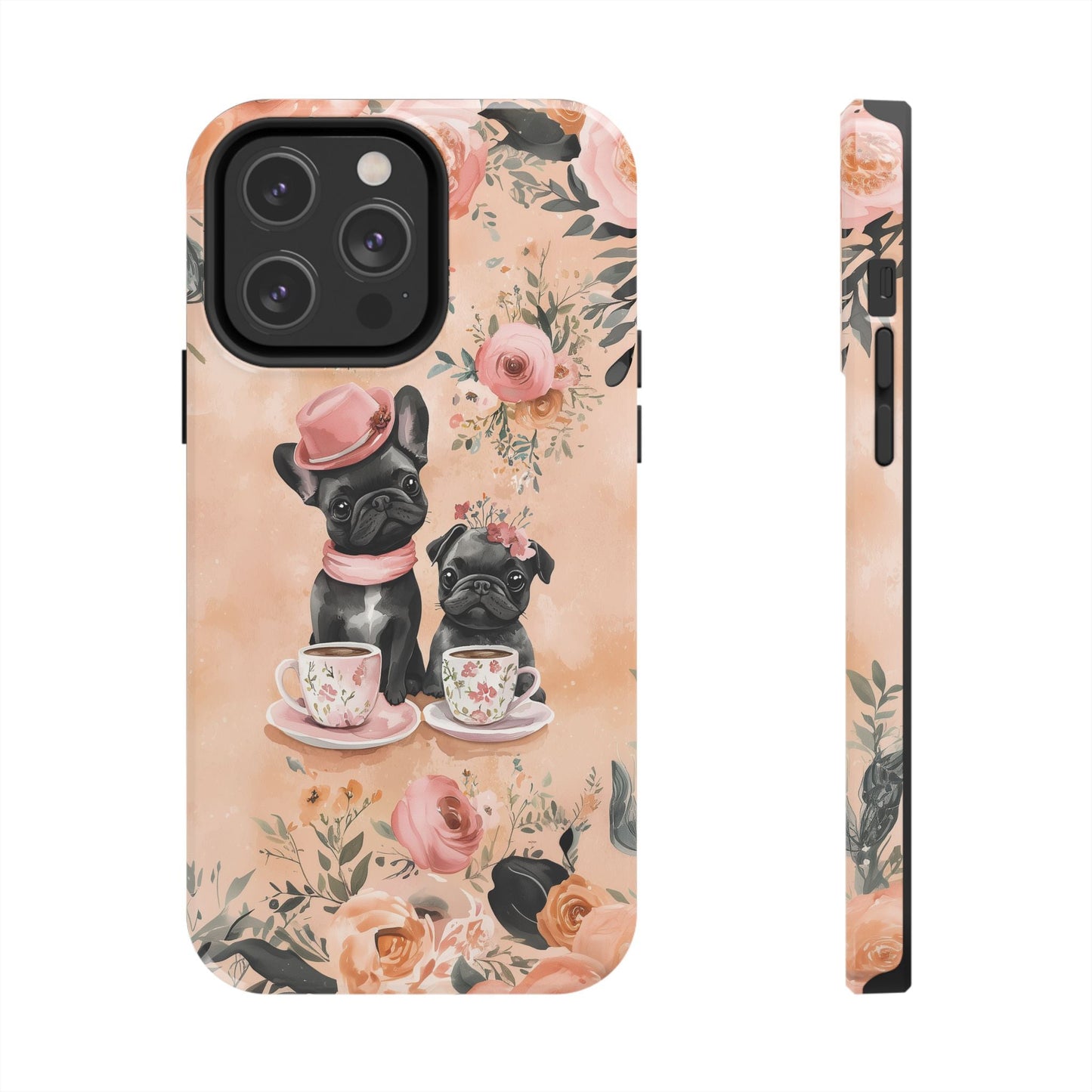 Floral French Bulldogs iPhone Case – Elegant Dog Design with Tea Cups & Roses, Shockproof Protection - BOGO Cases