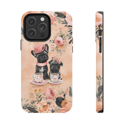 Floral French Bulldogs iPhone Case – Elegant Dog Design with Tea Cups & Roses, Shockproof Protection - BOGO Cases