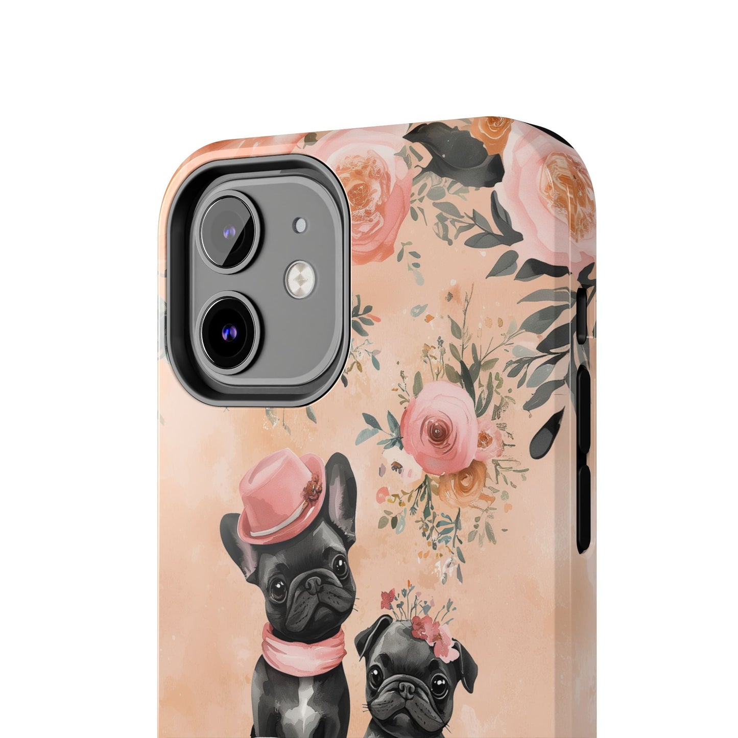 Floral French Bulldogs iPhone Case – Elegant Dog Design with Tea Cups & Roses, Shockproof Protection - BOGO Cases