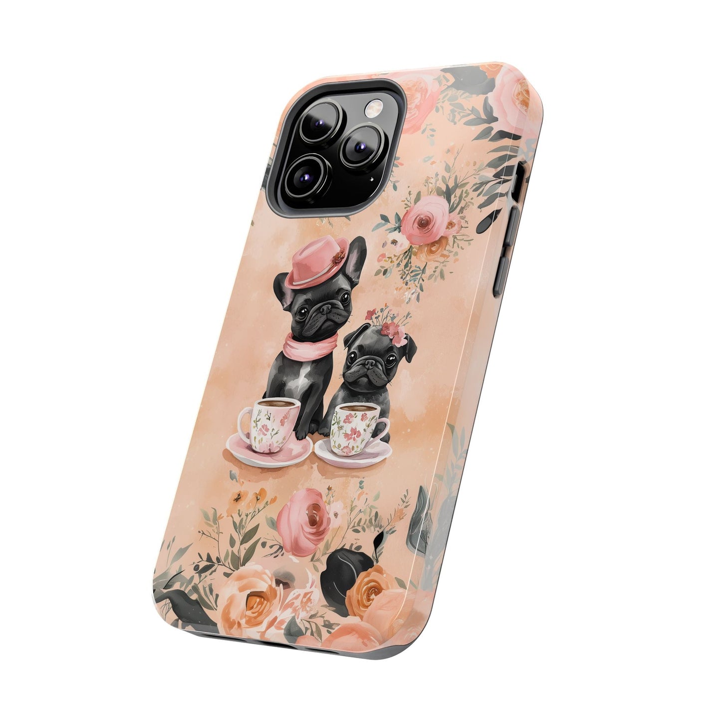 Floral French Bulldogs iPhone Case – Elegant Dog Design with Tea Cups & Roses, Shockproof Protection - BOGO Cases