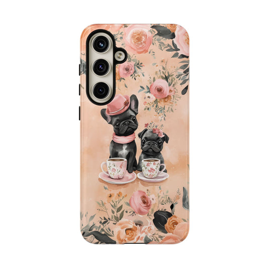 Floral French Bulldogs Samsung Galaxy Case – Elegant Dog Design with Tea Cups & Roses, Shockproof Protection - BOGO Cases