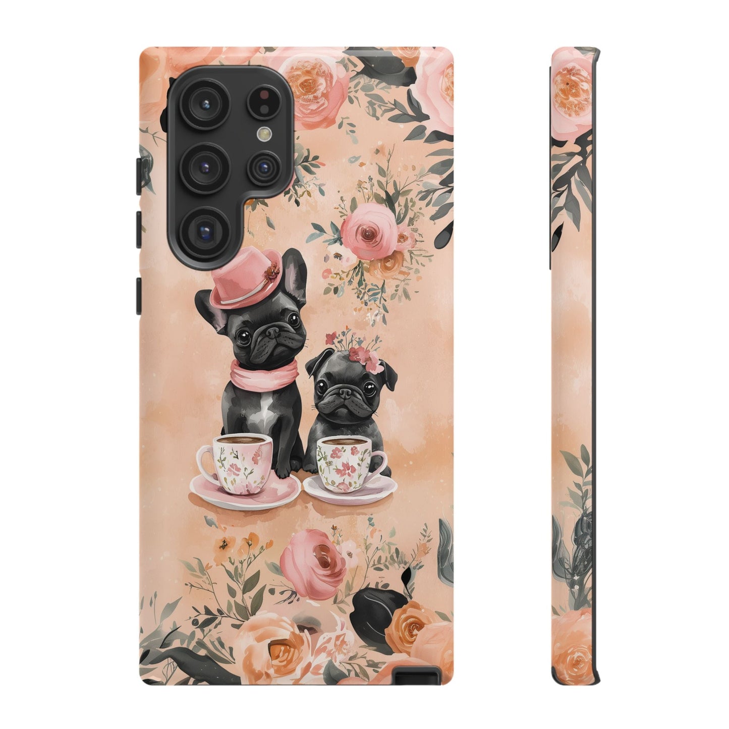 Floral French Bulldogs Samsung Galaxy Case – Elegant Dog Design with Tea Cups & Roses, Shockproof Protection - BOGO Cases