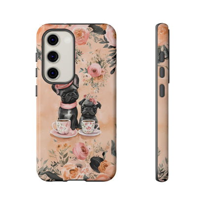 Floral French Bulldogs Samsung Galaxy Case – Elegant Dog Design with Tea Cups & Roses, Shockproof Protection - BOGO Cases