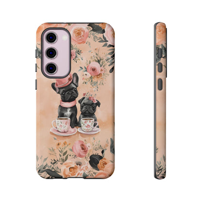 Floral French Bulldogs Samsung Galaxy Case – Elegant Dog Design with Tea Cups & Roses, Shockproof Protection - BOGO Cases