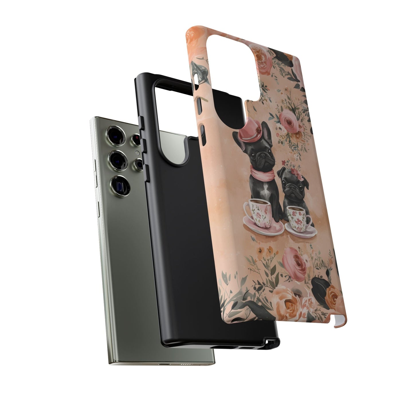 Floral French Bulldogs Samsung Galaxy Case – Elegant Dog Design with Tea Cups & Roses, Shockproof Protection - BOGO Cases