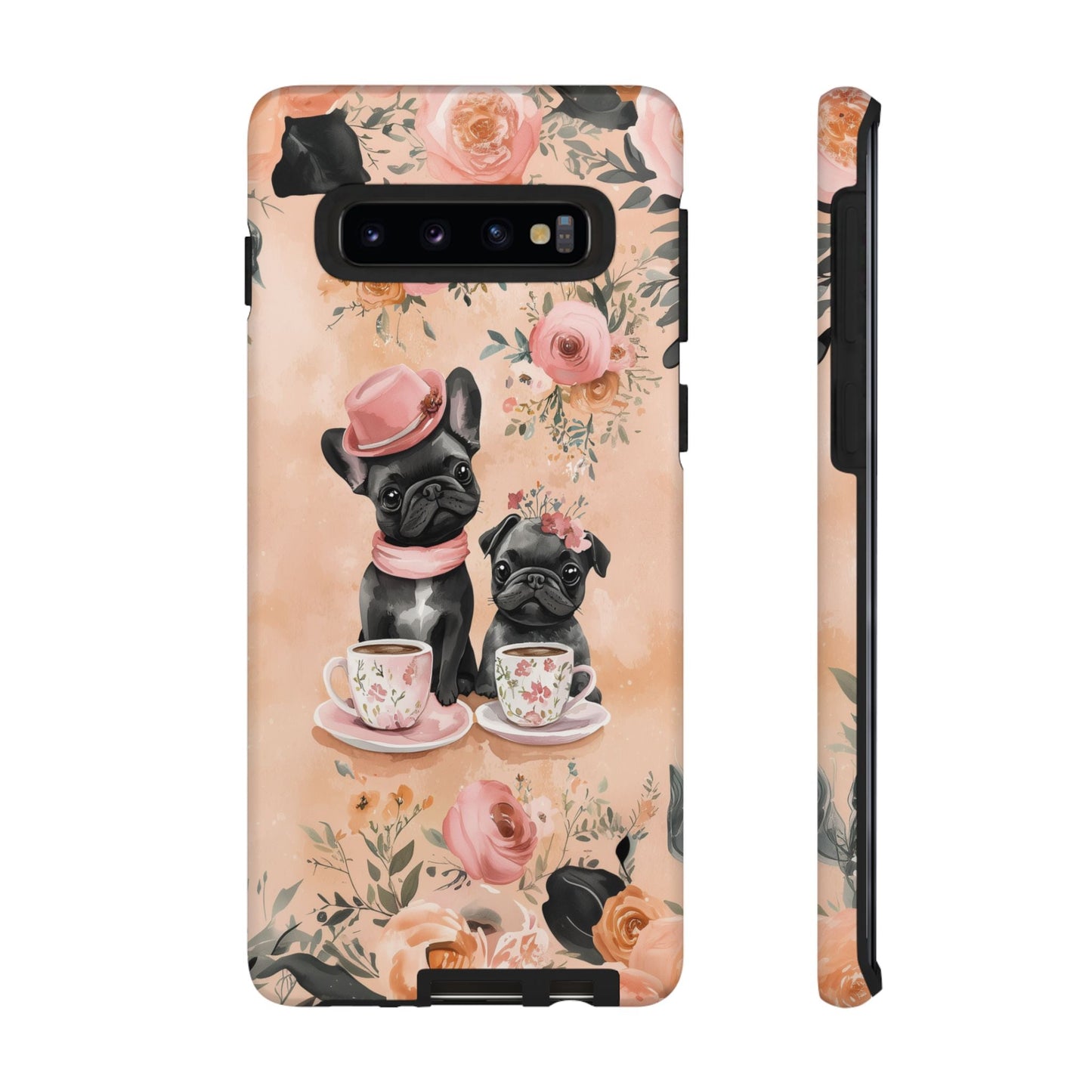 Floral French Bulldogs Samsung Galaxy Case – Elegant Dog Design with Tea Cups & Roses, Shockproof Protection - BOGO Cases