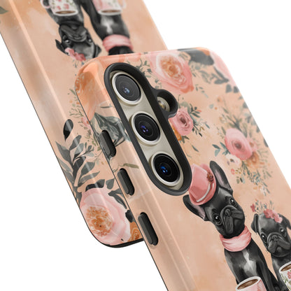 Floral French Bulldogs Samsung Galaxy Case – Elegant Dog Design with Tea Cups & Roses, Shockproof Protection - BOGO Cases