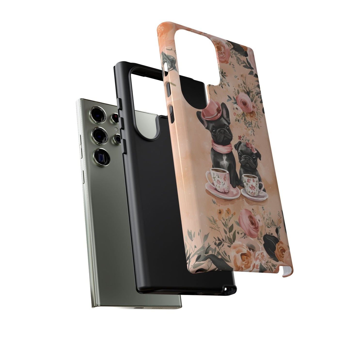 Floral French Bulldogs Samsung Galaxy Case – Elegant Dog Design with Tea Cups & Roses, Shockproof Protection - BOGO Cases