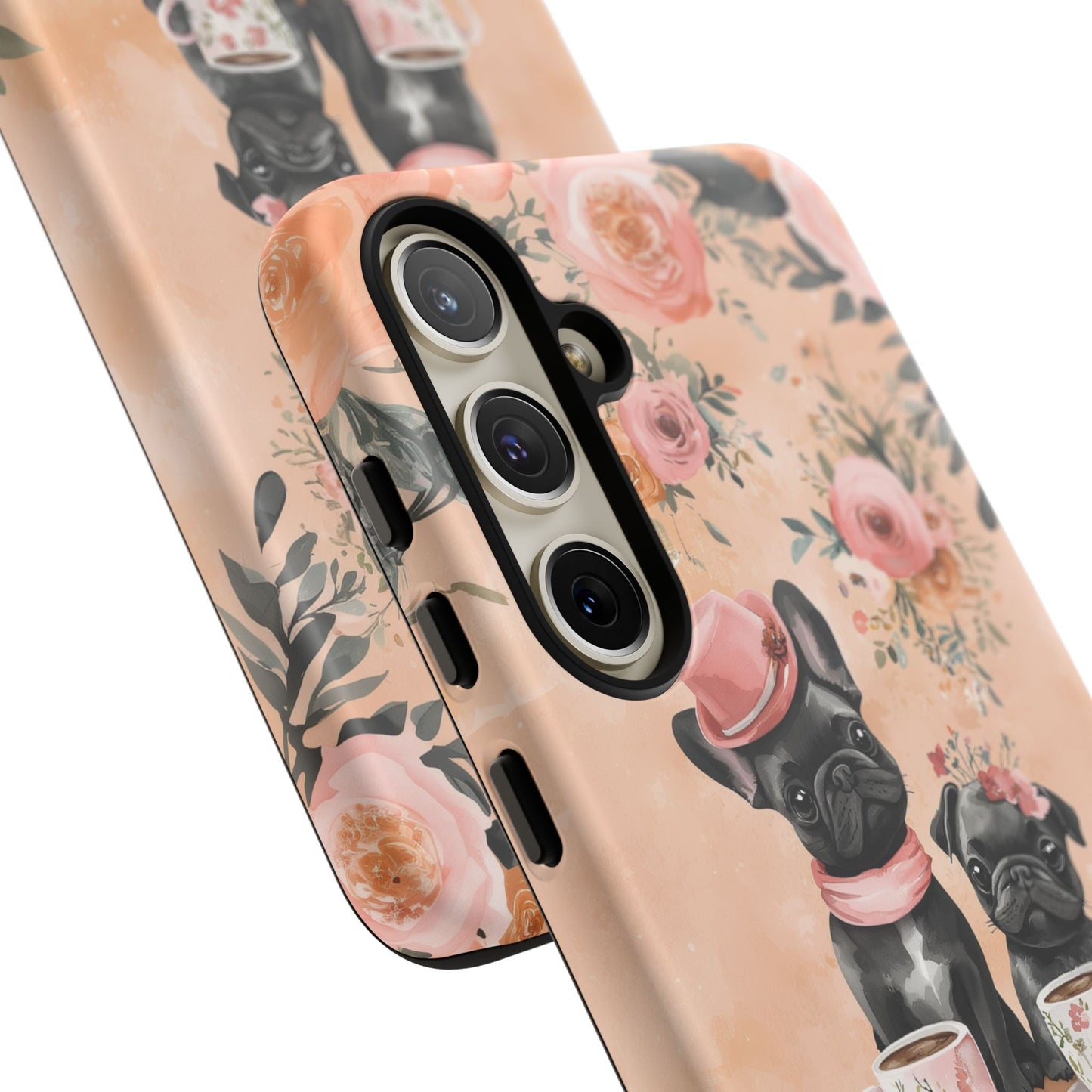 Floral French Bulldogs Samsung Galaxy Case – Elegant Dog Design with Tea Cups & Roses, Shockproof Protection - BOGO Cases