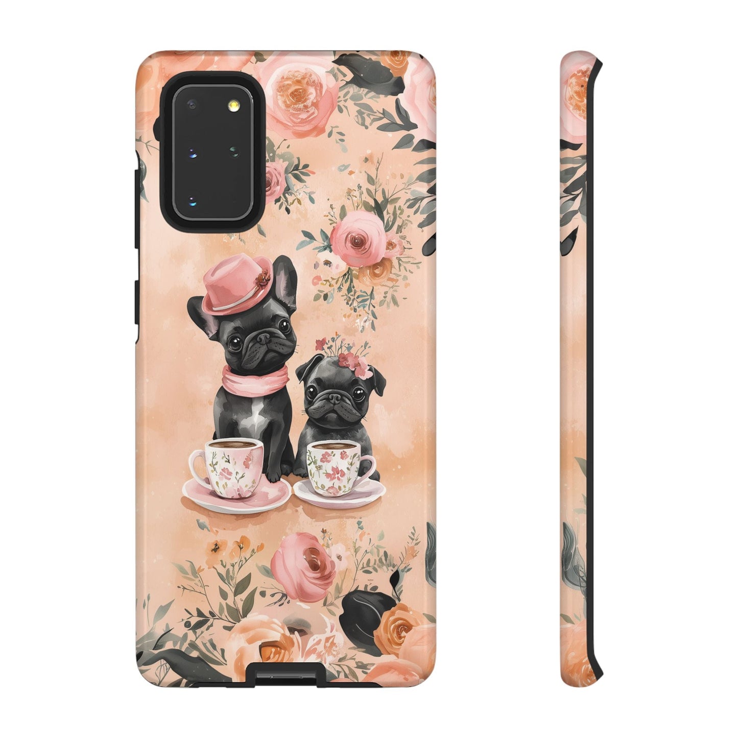 Floral French Bulldogs Samsung Galaxy Case – Elegant Dog Design with Tea Cups & Roses, Shockproof Protection - BOGO Cases