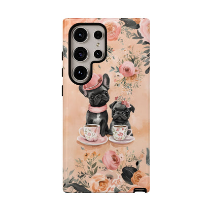 Floral French Bulldogs Samsung Galaxy Case – Elegant Dog Design with Tea Cups & Roses, Shockproof Protection - BOGO Cases