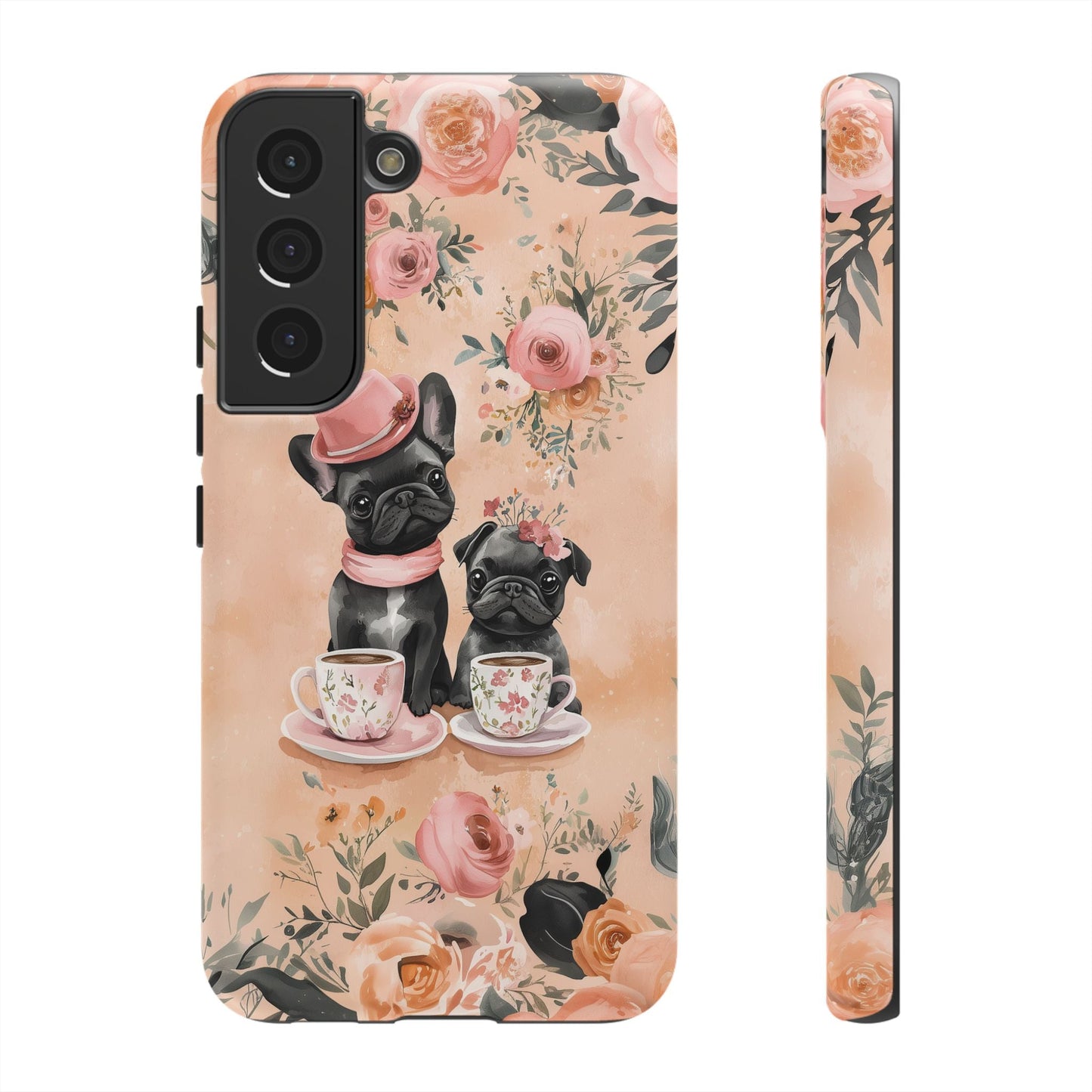 Floral French Bulldogs Samsung Galaxy Case – Elegant Dog Design with Tea Cups & Roses, Shockproof Protection - BOGO Cases