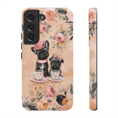 Floral French Bulldogs Samsung Galaxy Case – Elegant Dog Design with Tea Cups & Roses, Shockproof Protection - BOGO Cases