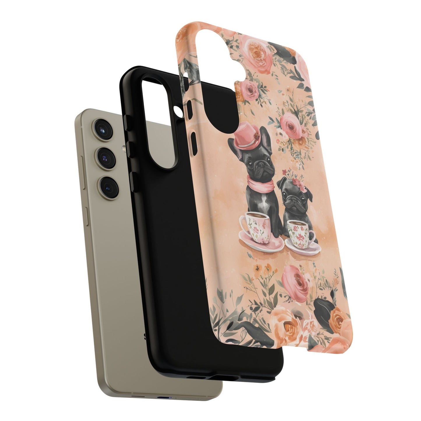 Floral French Bulldogs Samsung Galaxy Case – Elegant Dog Design with Tea Cups & Roses, Shockproof Protection - BOGO Cases