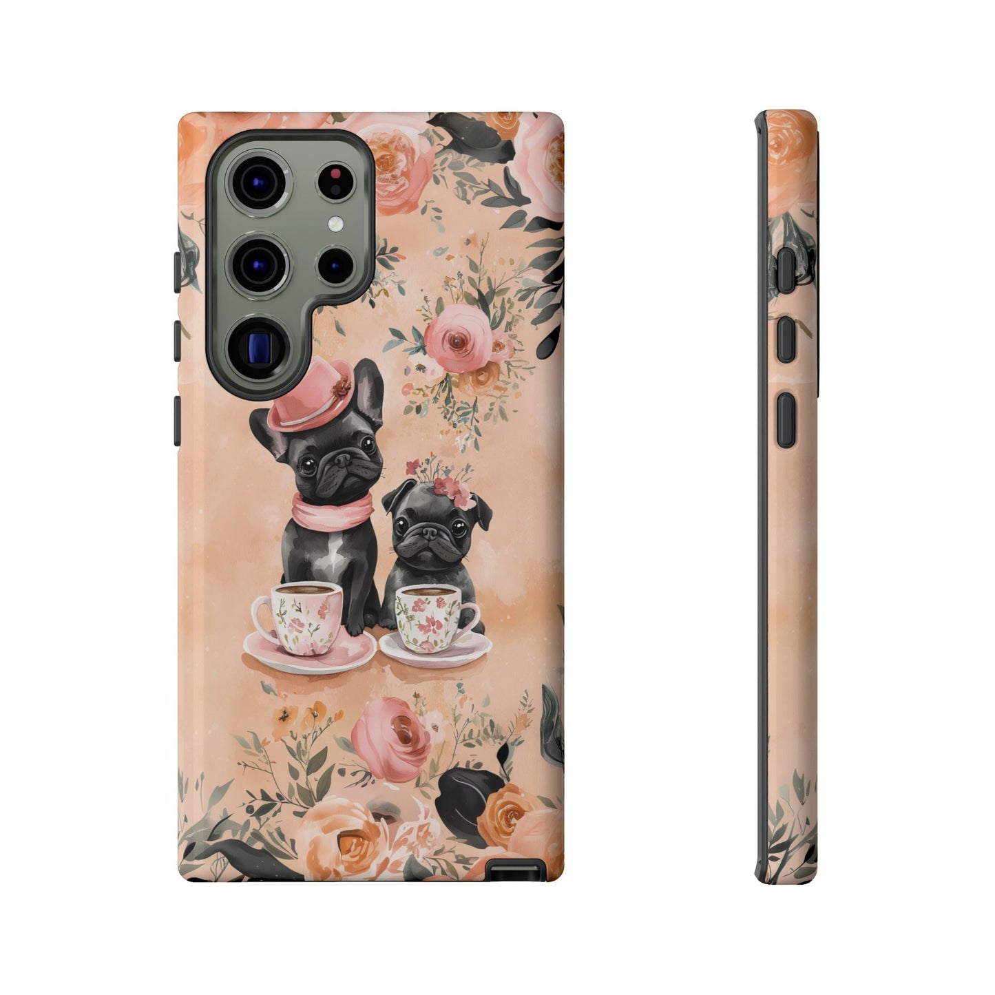 Floral French Bulldogs Samsung Galaxy Case – Elegant Dog Design with Tea Cups & Roses, Shockproof Protection - BOGO Cases