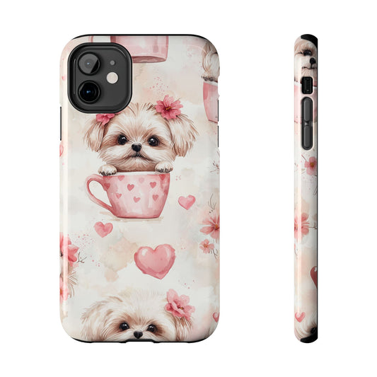 Floral Puppy in Teacup iPhone Case – Cute Pink Flower Design, Tough Dual - Layer Protection - BOGO Cases