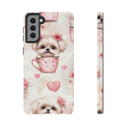 Floral Puppy in Teacup Samsung Galaxy Case – Cute Pink Flower Design, Tough Dual - Layer Protection - BOGO Cases