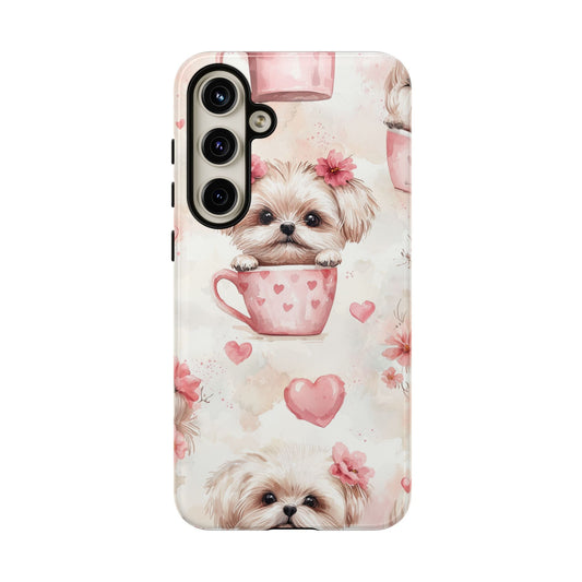 Floral Puppy in Teacup Samsung Galaxy Case – Cute Pink Flower Design, Tough Dual - Layer Protection - BOGO Cases