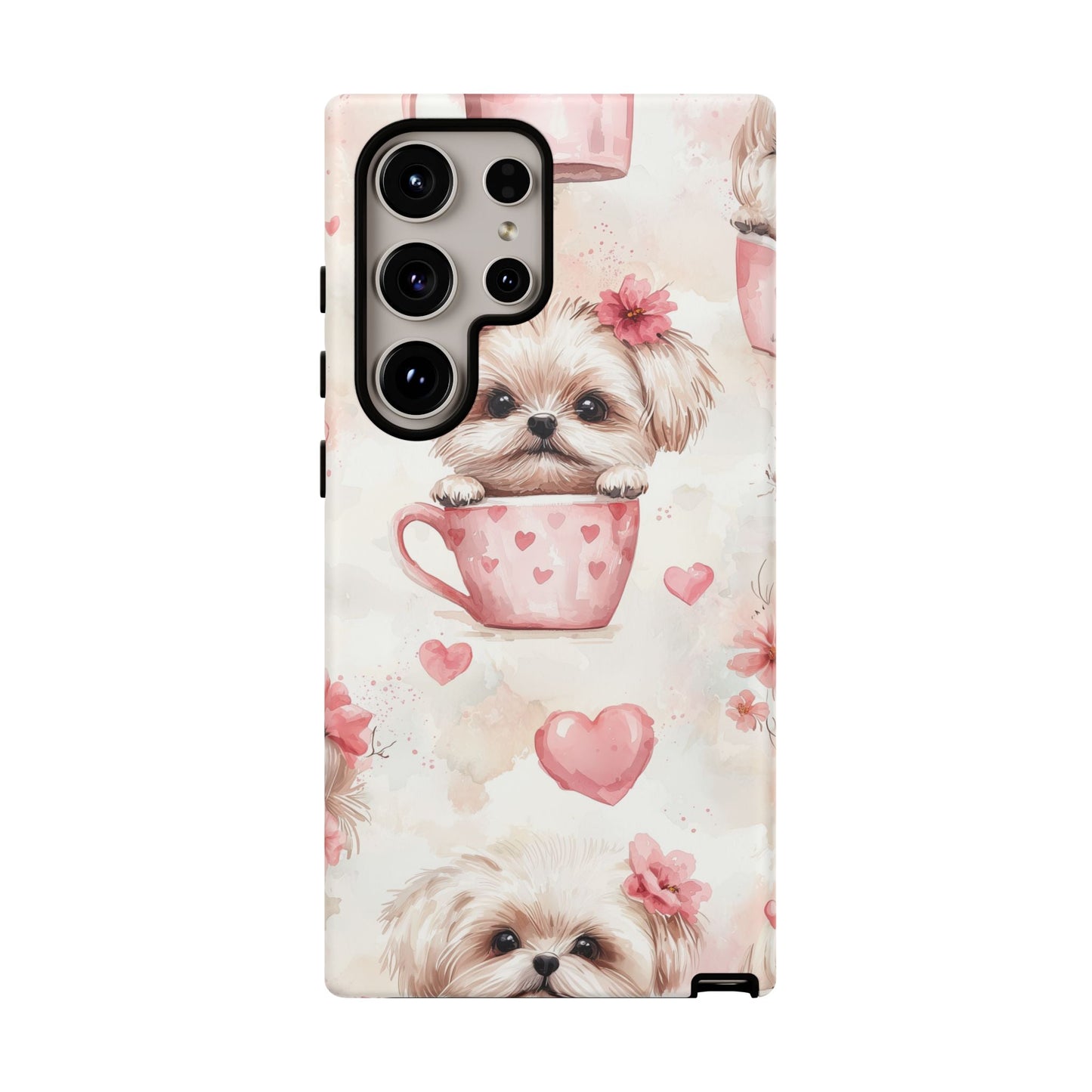 Floral Puppy in Teacup Samsung Galaxy Case – Cute Pink Flower Design, Tough Dual - Layer Protection - BOGO Cases