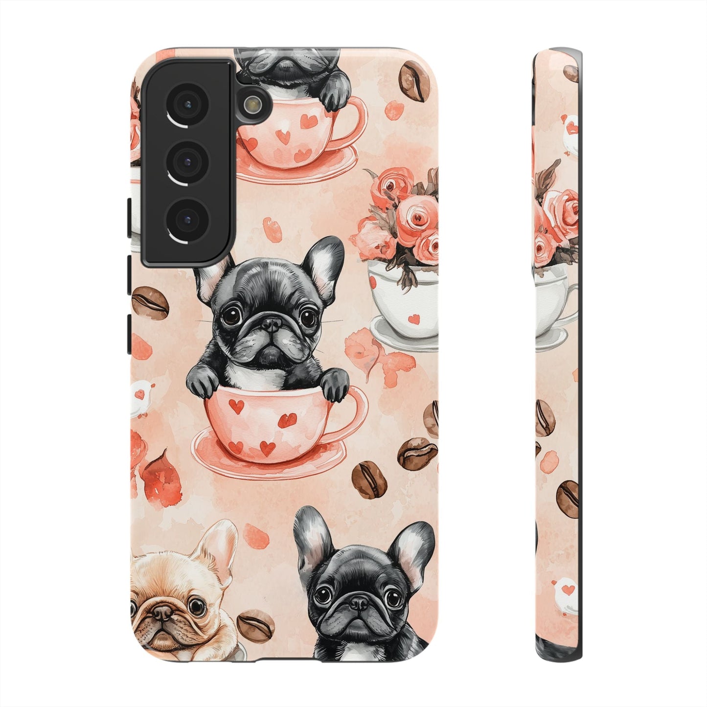 French Bulldogs in Heart Teacups Samsung Galaxy Case – Cute Dog & Floral Design, Shockproof Protection - BOGO Cases