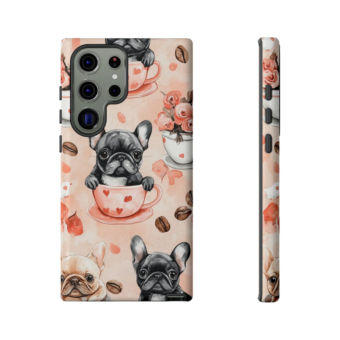 French Bulldogs in Heart Teacups Samsung Galaxy Case – Cute Dog & Floral Design, Shockproof Protection - BOGO Cases