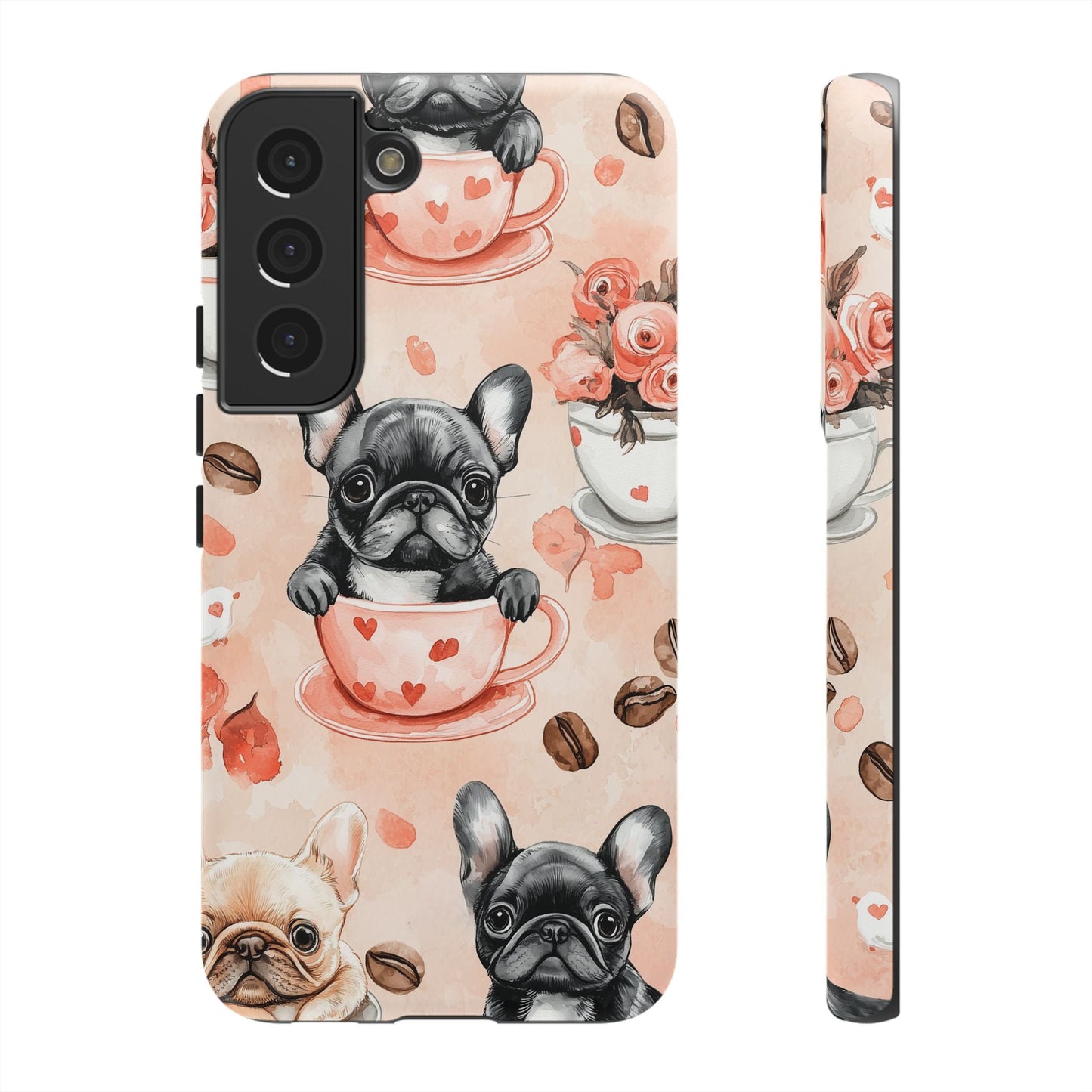 French Bulldogs in Heart Teacups Samsung Galaxy Case – Cute Dog & Floral Design, Shockproof Protection - BOGO Cases