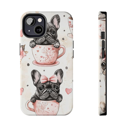 French Bulldogs in Teacups iPhone Case – Cute Dog Design with Hearts & Bows, Shockproof & Slim - BOGO Cases