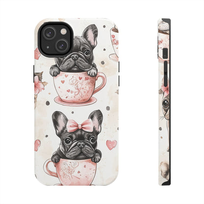 French Bulldogs in Teacups iPhone Case – Cute Dog Design with Hearts & Bows, Shockproof & Slim - BOGO Cases