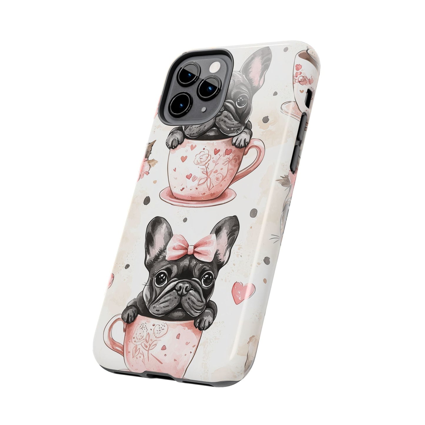 French Bulldogs in Teacups iPhone Case – Cute Dog Design with Hearts & Bows, Shockproof & Slim - BOGO Cases