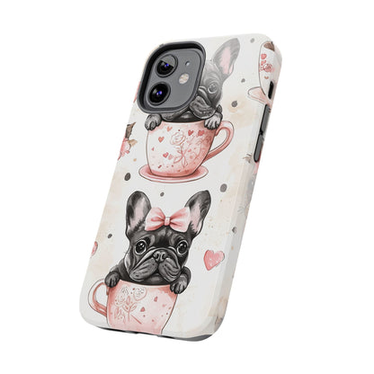 French Bulldogs in Teacups iPhone Case – Cute Dog Design with Hearts & Bows, Shockproof & Slim - BOGO Cases