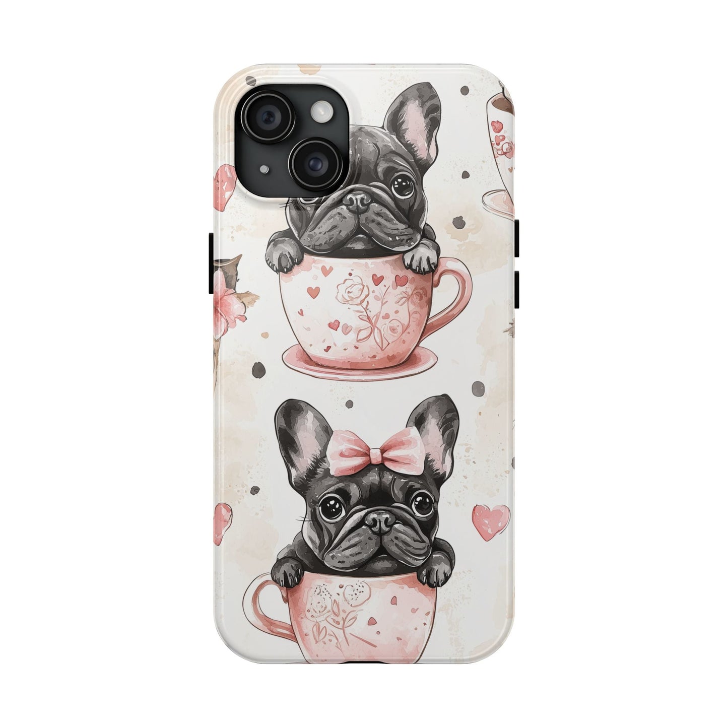 French Bulldogs in Teacups iPhone Case – Cute Dog Design with Hearts & Bows, Shockproof & Slim - BOGO Cases